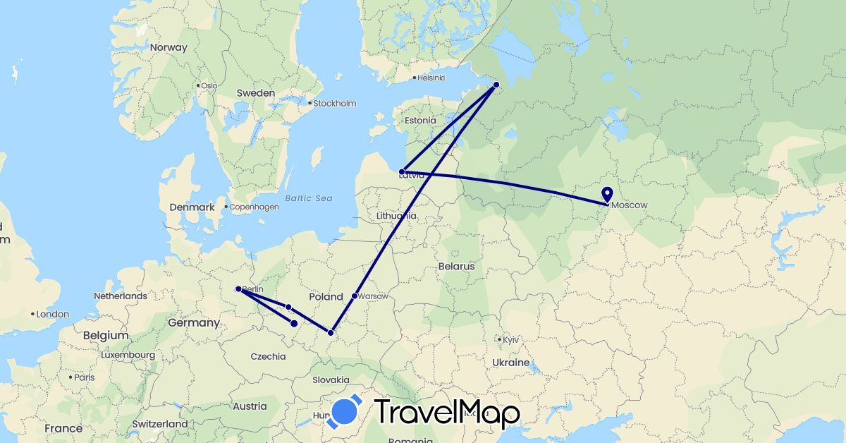 TravelMap itinerary: driving in Germany, Latvia, Poland, Russia (Europe)